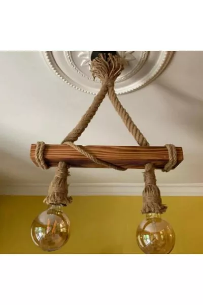 Lustre en bois à 2 lampes avec corde Rustique