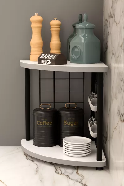 Metal Wired Coffee Corner Turntable Multipurpose Kitchen Stand Countertop Organizer Double-Layer with Hooks