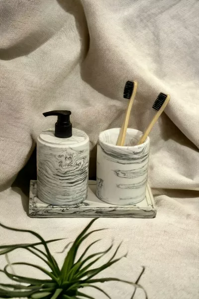 3-delige Marmerpatroon Badkamer Set, Vloeibare Zeepdispenser, Tandenborstelhouder, Beton Accessoireset