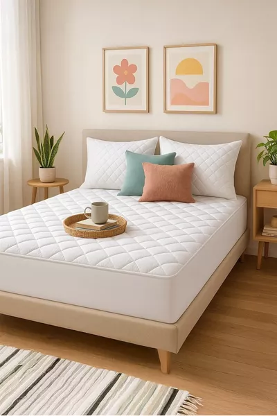 Капитониран памучен калъф за матрак с ластик, единичен и двойнен размер , , 