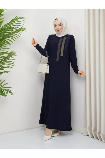 Robe Gülşen pour jeune maman en nid d'abeille, bleu marine, avec détails en pierres sur le devant, style couvrant intégral