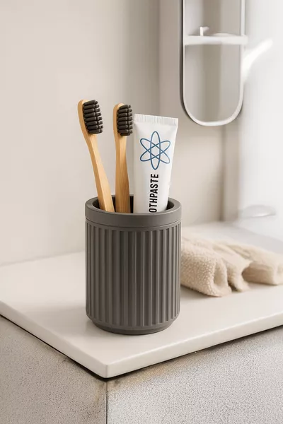 Lines Serie Grijs Badkamer Set, 3-delige Ovale Acryl Zeepdispenser, Borstelhouder en Vloeibare Zeepdispenser Set - 