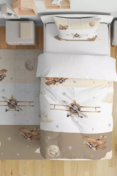 طقم أغلفة سرير أطفال فردي بنقشة الطائرات المخططة