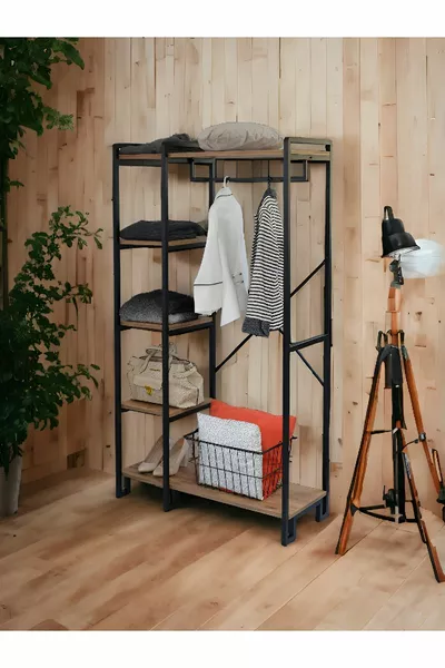 Attaccapanni con scaffale in legno su piedini in metallo multiuso decorativo, portatile, scarpiera e guardaroba