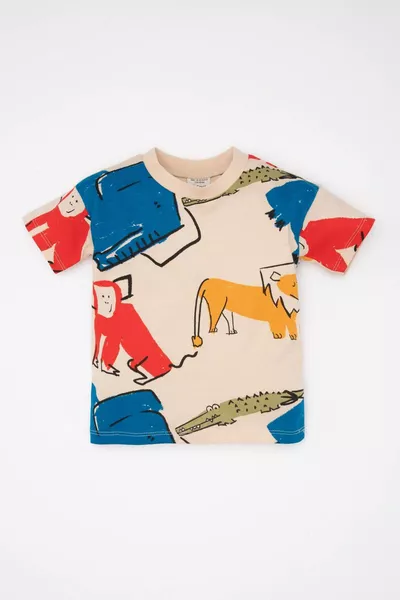 قميص قصير الأكمام بنقشة حيوانات للرضع الصغار بياقة دائرية SM