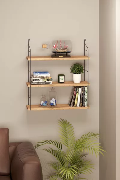 Стелаж за стена, библиотека с 3 нива, дървен рафт за книги, багажник за книги, рафт за баня и кухня, орех