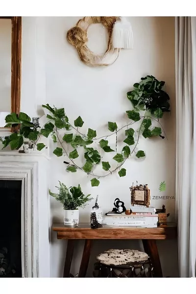 Декоративен изкуствен бръшлян с зелени листа, 2 метра, коледна украса без LED