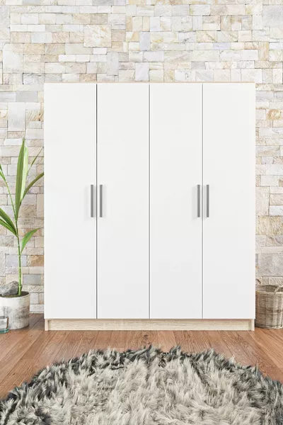 Armadio Milano Bianco Sonomo a 4 Ante con Ripiani e 2 Attaccapanni