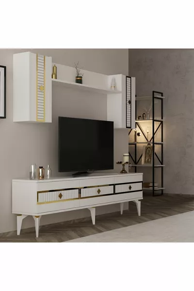 Комплект телевизионен шкаф NORA бяло-злато