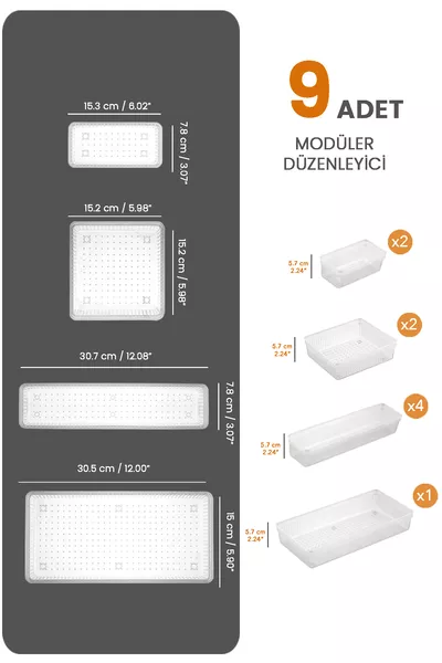 Комплект от 9 части модулна поставка за лъжици - регулируем органайзер за кухненски чекмедже, прозрачен
