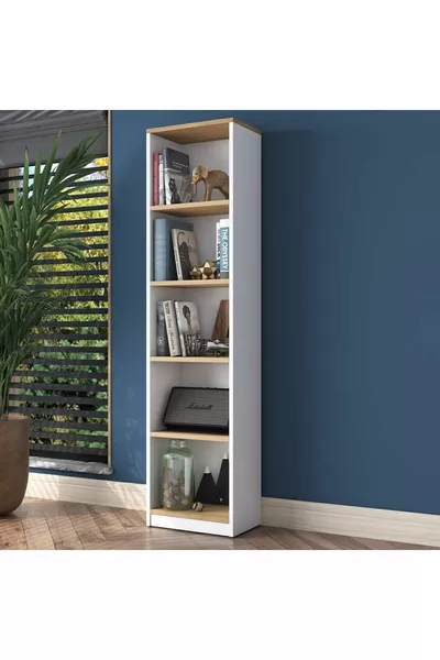 Rani Библиотека с 5 рафта за работен кабинет, модерна стена рафт, бяла - кошница орех