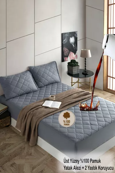 Pamukkale Alez Set Grijs Gewatteerd Waterdicht Matrasbeschermer - 2 Stuks Kussenslopen ( Maten)