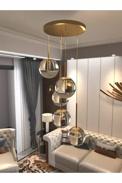 ثريا فيغا معلقة على شكل كرة، 5 مصابيح بزجاج كلوب بلون الدخان، هيكل مقاوم للصدأ تصميم عصري أنيق