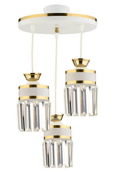 ثريا مودرن فاخرة مع صحن كريستالي ثلاثي المعلق، أبيض وأصفر مطلي بالذهب