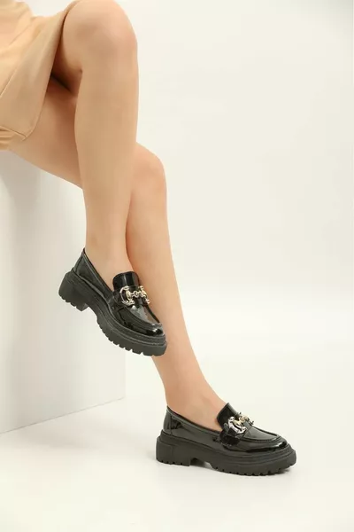 المرأة براءات الاختراع والجلود السوداء (المجد) مشبك التفاصيل أحذية LEOFER