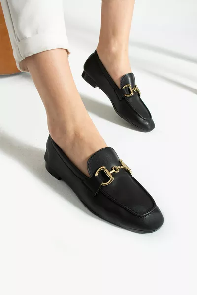 ДАМСКИ ЧЕРЕН ЦВЯТ НА КОЖАТА КАТАРАМА АКСЕСОАР ДЕТАЙЛНИ БАЛЕТКИ И ОБУВКИ