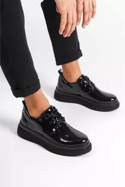 Black Patent Leather Black Sole Lace-Up Casual Men's Shoes