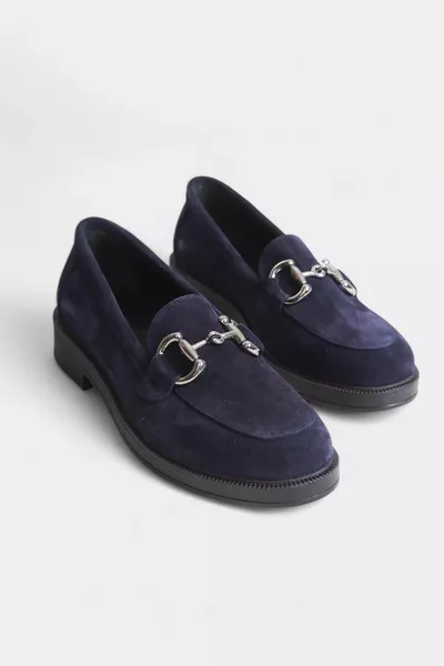 Marineblaues Wildleder Echtleder ohne Schnürsenkelschnalle Damen-Loafer Freizeitschuhe