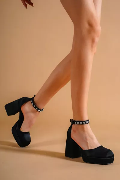 Black Satin Ankle Stone Platform Women's Shoes Sandy