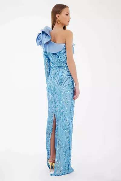 Rose Gedetailleerde Blauwe Single Mouw Belofte Verloving Avondjurk