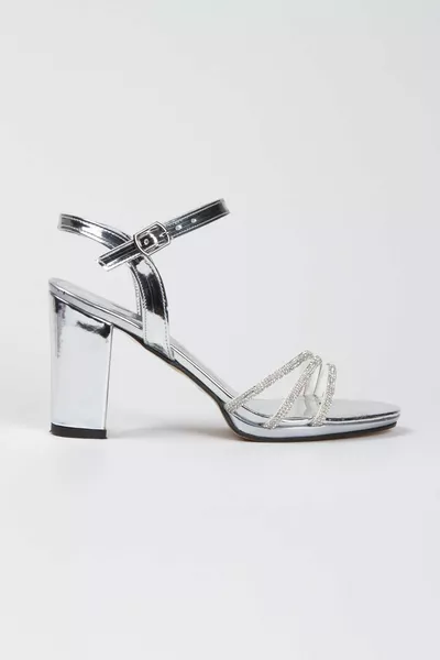 Silver Patent Leather Lightweight Platform Three Rows of Stone Evening Shoes