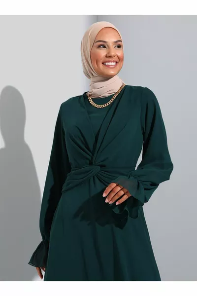 فستان سهرة بنقشة شيفون بنقشة عقدة - أخضر زمردي -