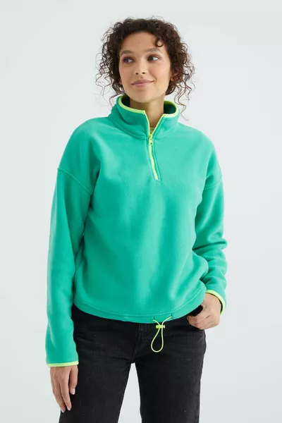 Sweatshirt polaire femme oversize col montant avec demi-fermeture éclair, ourlet froncé vert mer - 