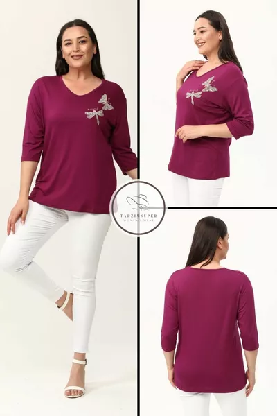 Plus Size New Season Comfortable Stretchy Model with Butterfly Embroidered Pattern, Half Sleeve, Mom's 4-Season Blouse