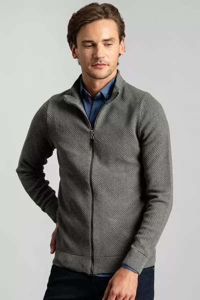 Cardigan grigio da uomo, taglio standard, vestibilità normale, motivo a rombi, collo a mezzaluna con zip
