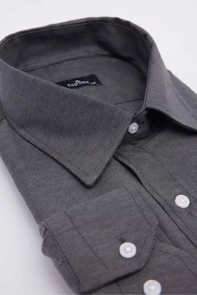 Big Size Long Sleeve Easy Iron Herringbone Cotton Grey Men's Shirt with Tie Holder