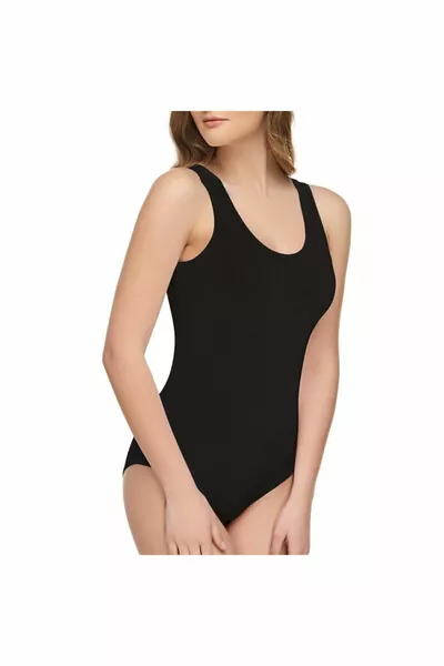 بودي نسائي من سهير يلديزي أسود بشريط عريض وأزرار من الأسفل ورابط خلفي موديل 