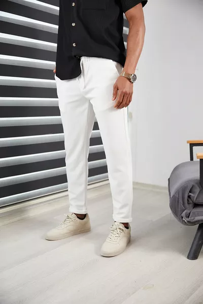 بنطال جوجر رجالي أبيض ضيق، أطراف مزدوجة، جودة عالية، قماش منقوش مع ليكرا