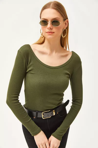Dames Khaki Blouse met Brede Kraag 