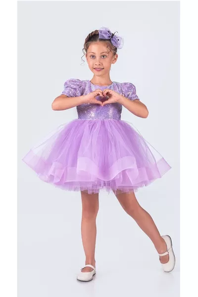 Tütü Gren Etekli Kız Çocuk Pul Payetli Kısa Kol Kikidi Elbise  LİLA