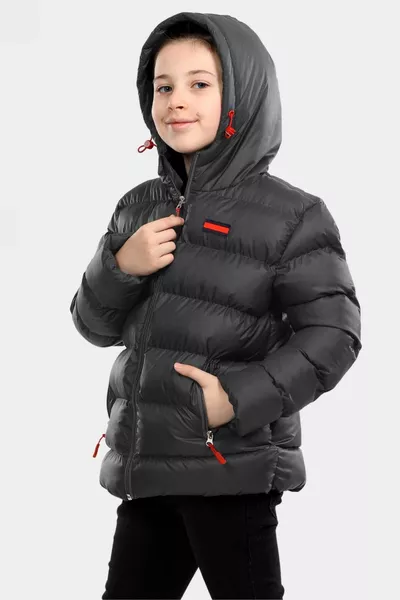 معطف شتوي سميك مقاوم للماء للأطفال الصبيان بلون أنثراسيت مع بطانة من الفرو الداخلية والقبعة