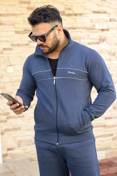 طقم رياضي رجالي بليزر بسحاب، ياقة عالية، تطريز، مقاس مريح، إنديجو eestbbkt