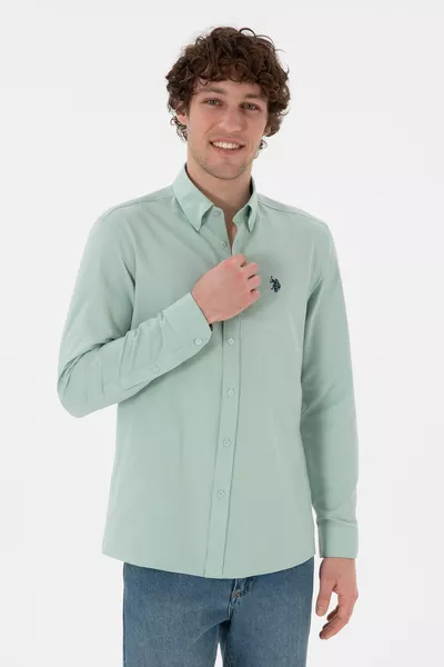 قميص رجالي أساسي بأكمام طويلة بلون الأخضر المائي 