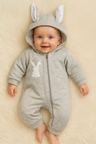 Babyoverall met Oortjes en Rits, Geborduurd met Konijntjes en Pompons