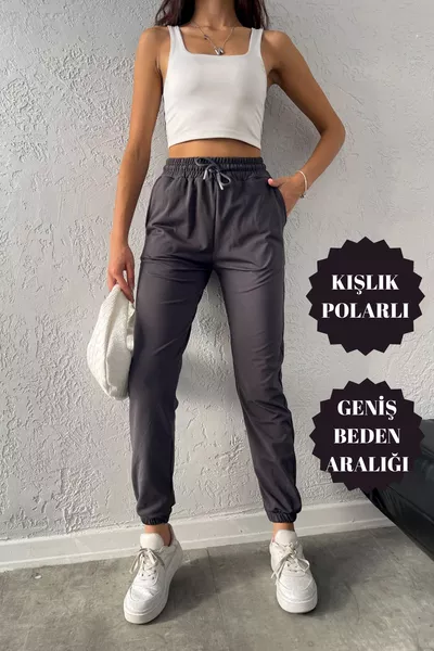 Damen-Tauchanzugstoff Winter Fleece Jogger Hohe Taille Mit Taschen Rauchgraue Trainingshose