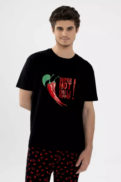 طقم بيجامة رجالي قصير الأكمام من القطن مع طباعة تشيلي وتفاصيل جيوب