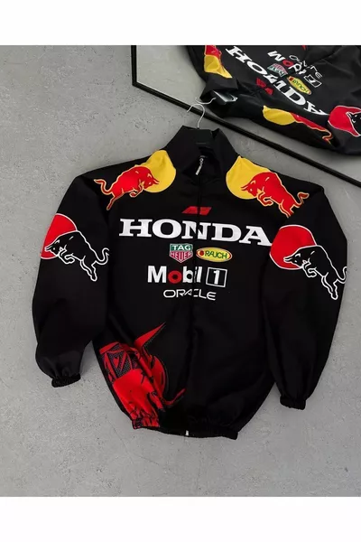 Giacca a vento impermeabile nera oversize unisex in tessuto parachute con stampa digitale