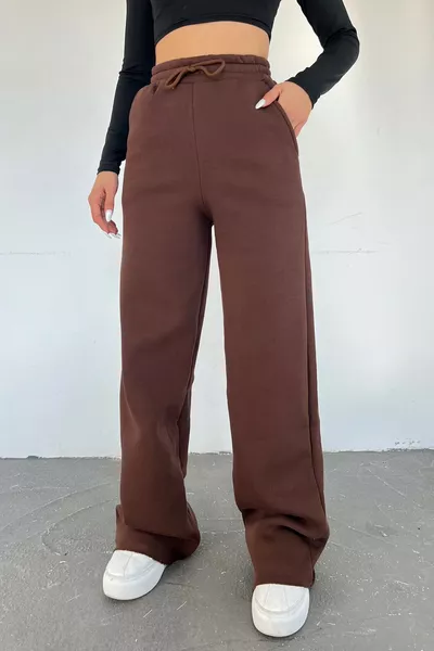 Damenbraune Winterhose mit Fleecefutter, hoher Taille und weitem Bein