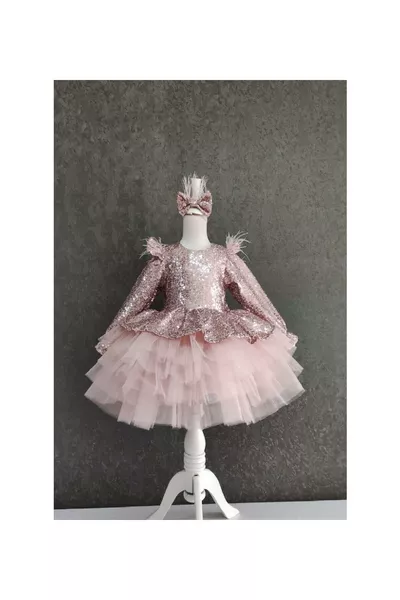 فستان فتيات قصير كتف فروي وظهر مزين بالترتر - فستان سهرة للأطفال - فستان سهرة للبنات - فستان تخرج للأطفال