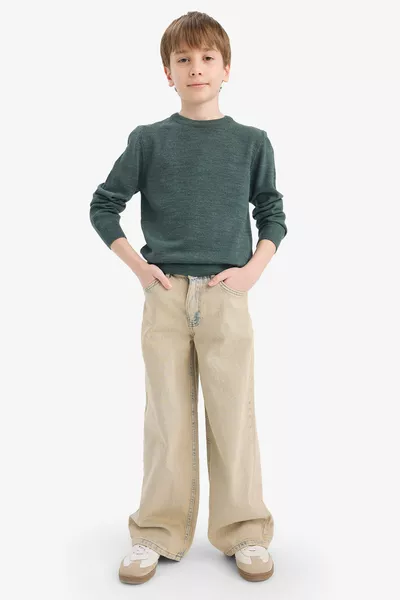 Boys' Olive Green Crew Neck Basic Plain Knit Sweater wn