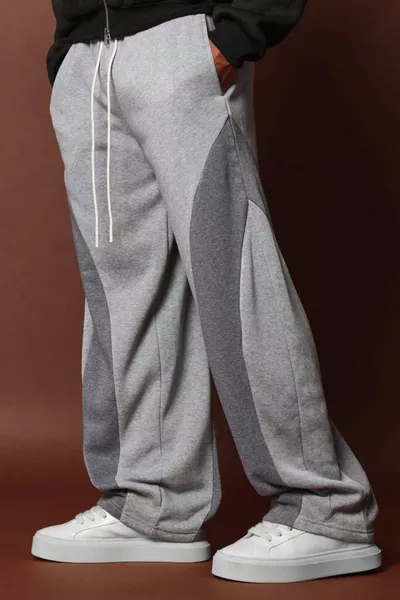 سروال رياضي رجالي فضفاض بساق واسعة بلونين، رمادي غامق