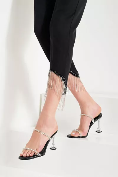 Damen Black Diamond Stone Detail Pantoffeln mit Absatz 8cm 