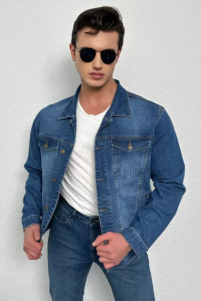 Giacca di Jeans da Uomo Blu, Taglio Standard, Elastico con Lycra, Con Tasche e Bottoni 