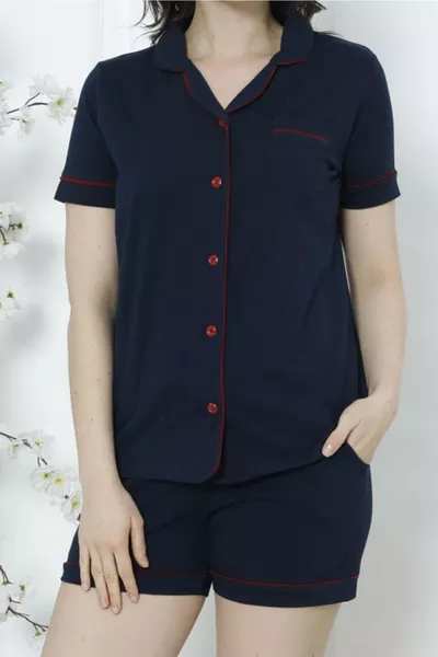 طقم بيجامة نسائي بالشورت بأكمام قصيرة مع أزرار وجيوب، قطن، أزرق داكن-أحمر خمري