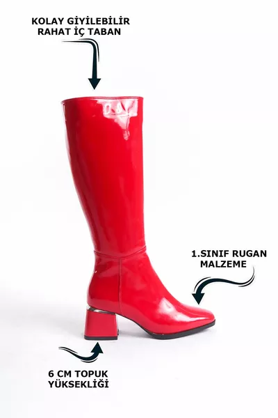 المرأة الركبة براءات الاختراع الجلود الأحمر الكعب أحذية طويلة لامعة مع سحاب مفصل لامع