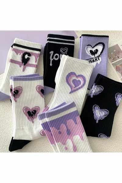 7 пар женских разноцветных носков для колледжа с принтом любви / сердца